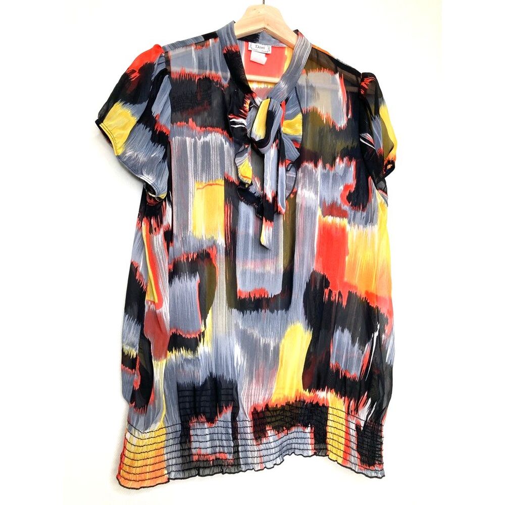 Dori Womens Blouse Multicolor Abstract Short Sleeve Tie Neck Plus 2XL